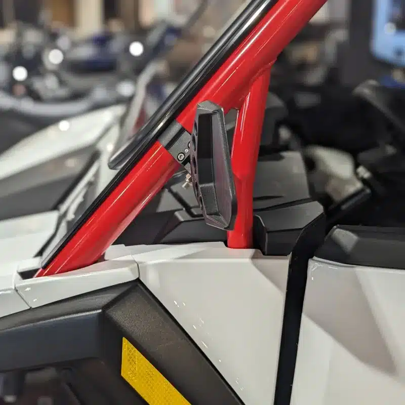 polaris rzr with utv mirror sideview to show how thin the mirror is