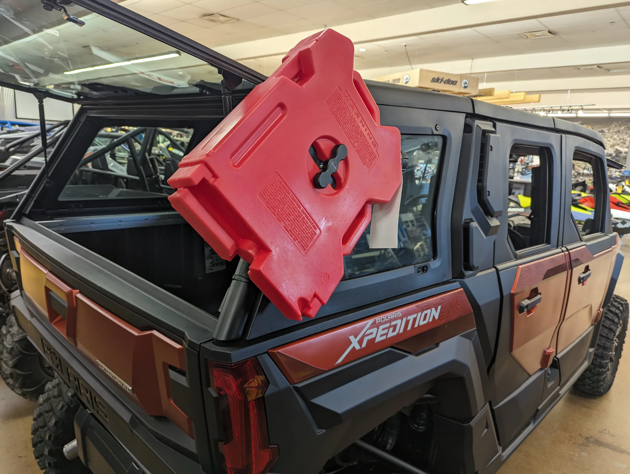 polaris xpedition rear window open with rotopax mount installed