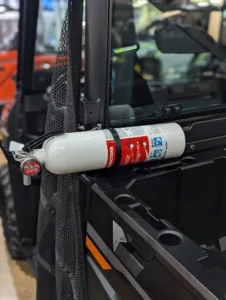 360-degree quick release fire extinguisher mount installed on Polaris Ranger UTV