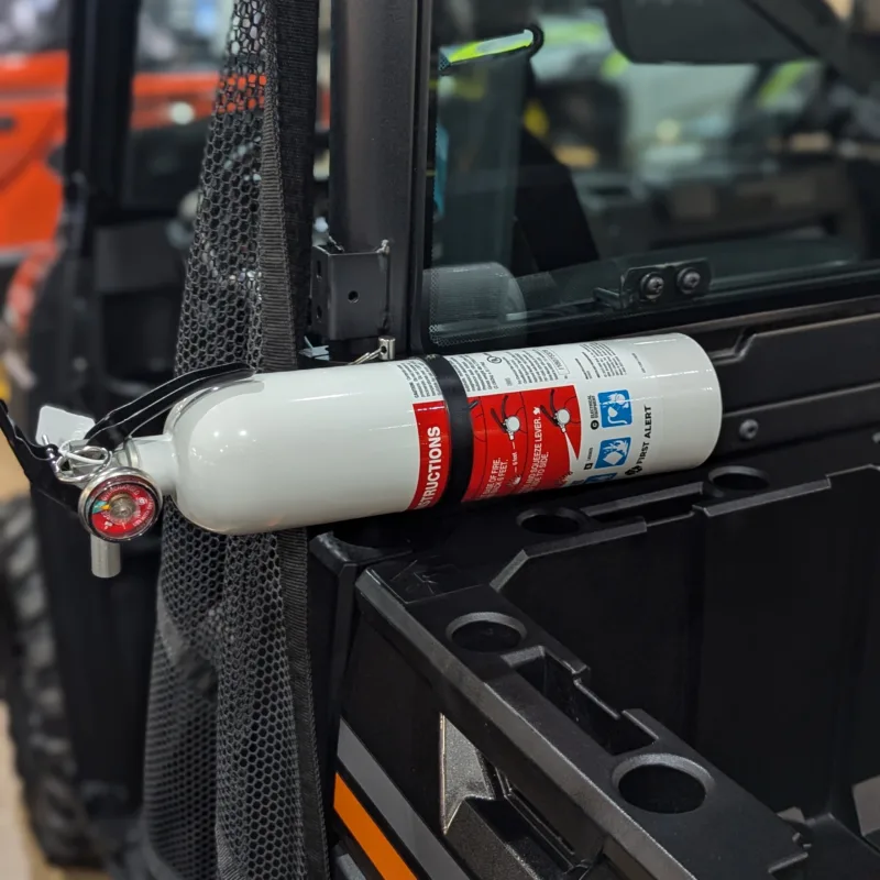 360-degree quick release fire extinguisher mount installed on Polaris Ranger UTV