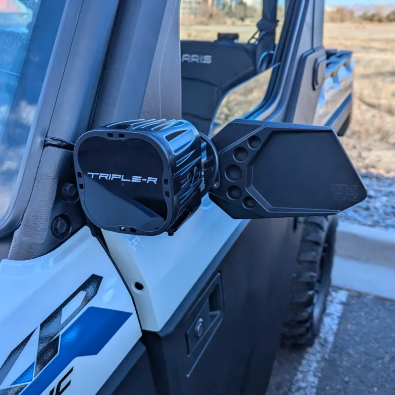 Polaris Ranger XP side mirror with optional pod light mount from Dirtbag brands