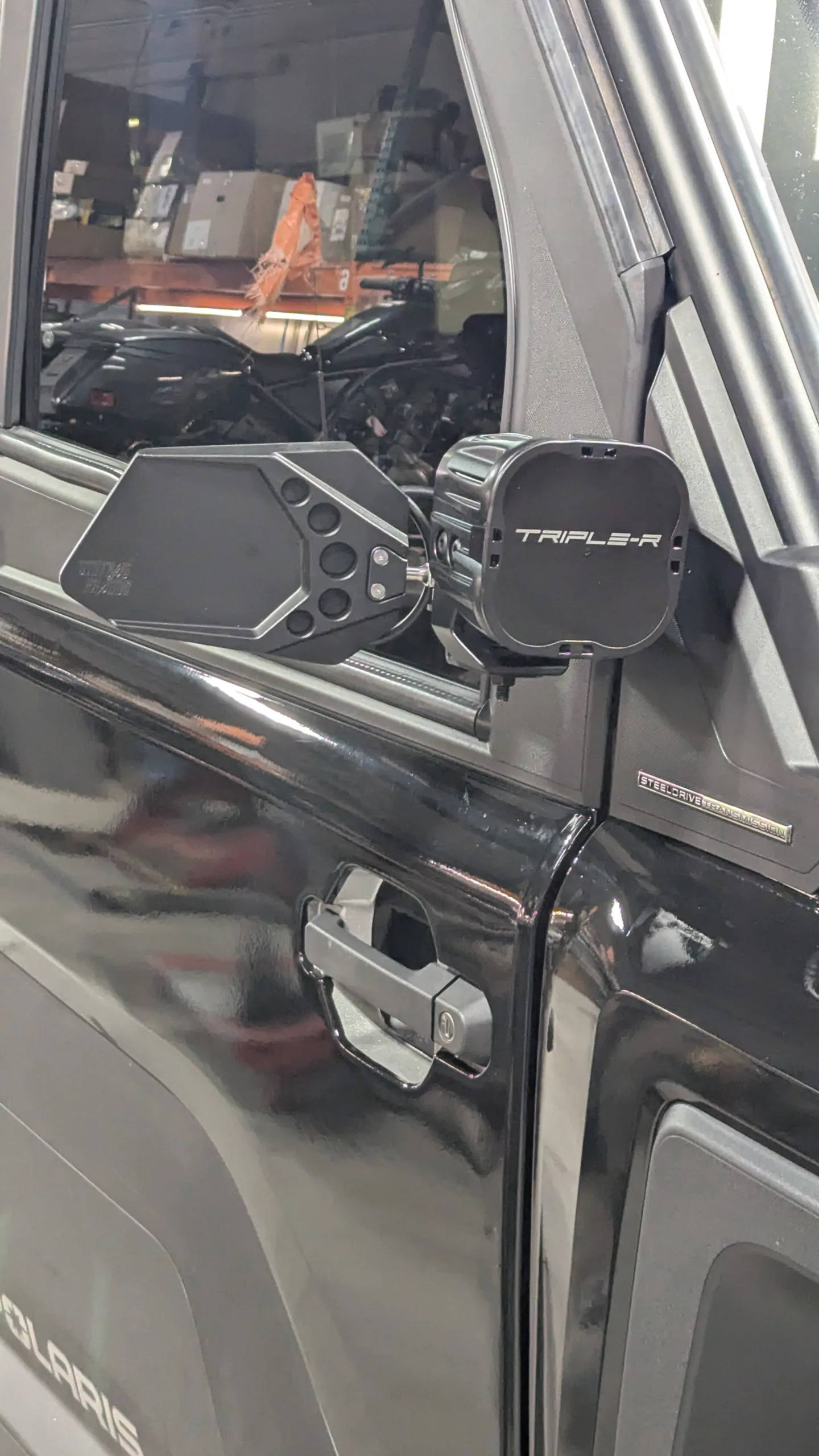 Ranger 1500 XD side mirror with Dirtbag brands mirror with optional pod light mount