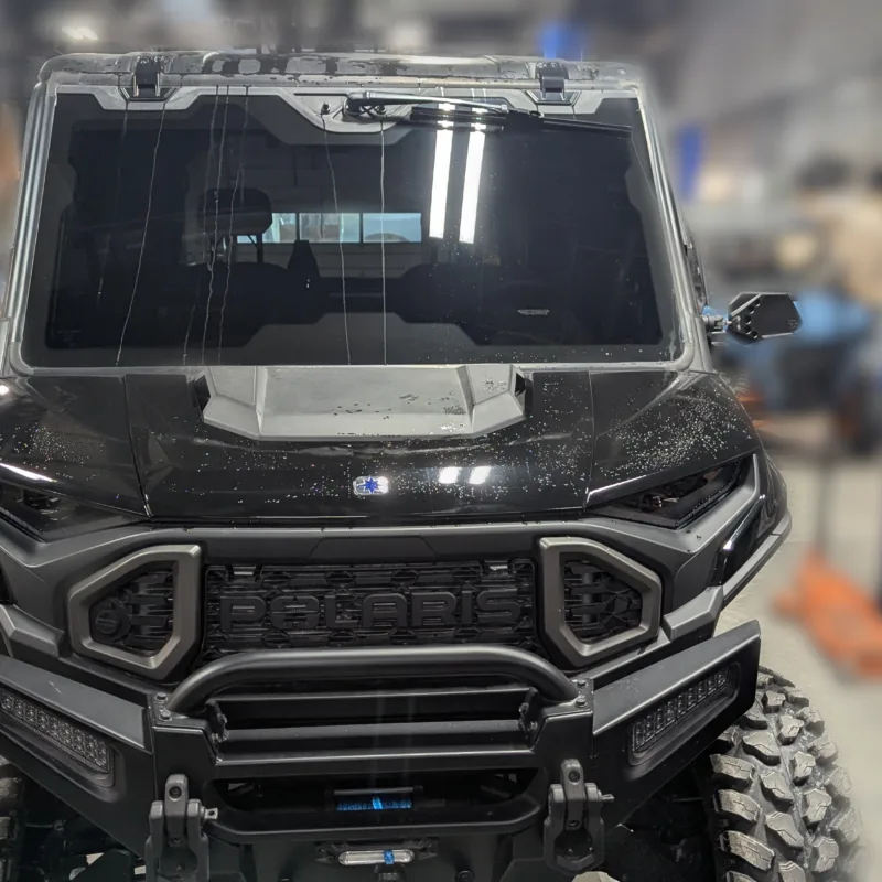 Polaris Ranger 1500 XD front view with Dirtbag Brand mirrors mounted on it.