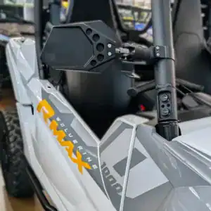 Mirror-01 billet UTV mirrors mounted on Yamaha Wolverine RMAX – durable fitment for round roll bar cages.