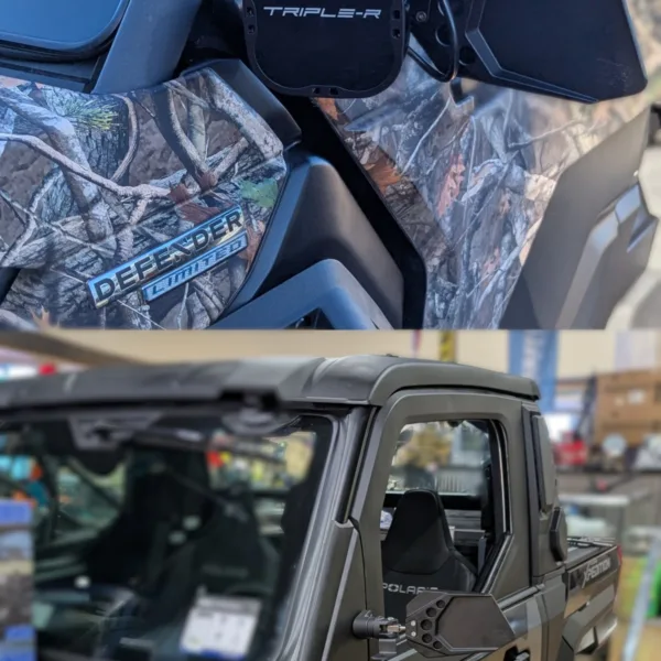 Can Am Defender Limited with door mounted mirror and pod light. There is also a Polaris Xpedition with billet utv mirror and pod light mount