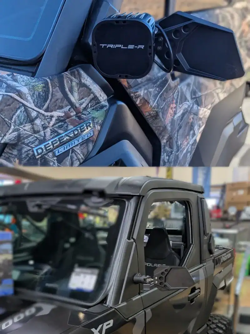 Can Am Defender Limited with door mounted mirror and pod light. There is also a Polaris Xpedition with billet utv mirror and pod light mount