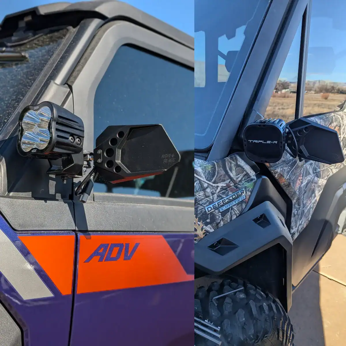 Polaris Xpedition side mirror with pod light and Can Am Defender side mirror with pod light