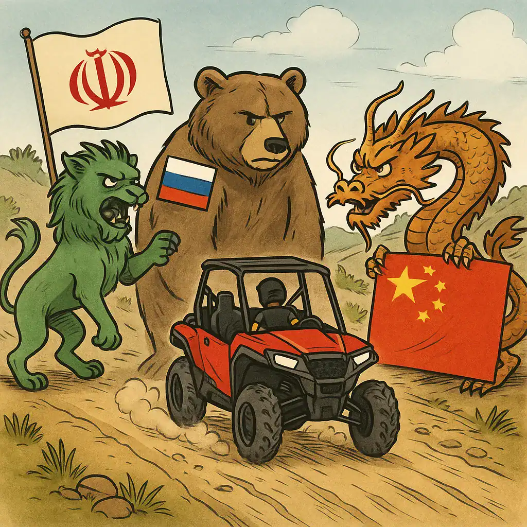 Cartoon-style depiction of Iran, Russia, and China represented by symbolic characters. Global instability powersports impact