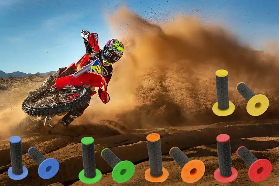 dirt bike rider cornering in desert with torc1 dirt bike grips showing multiple color options