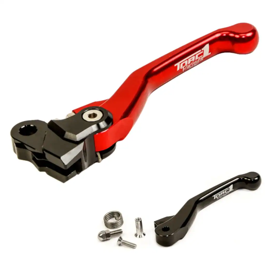 Manete de embreagem Torc1 Vengeance Flex para motos Honda CRF, vermelha, usinada em alumínio, com manete reserva preta e parafusos inclusos.