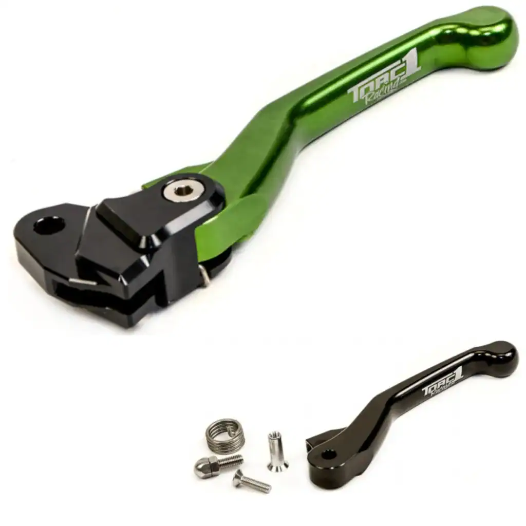 Manete de embreagem Torc1 Vengeance Flex para motos off-road Kawasaki, na cor verde, usinada em alumínio, com manete reserva preta e parafusos inclusos.