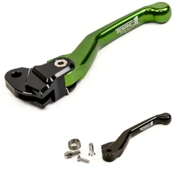Torc1 Vengeance Flex clutch lever for Kawasaki dirt bikes green billet with backup black lever and hardware