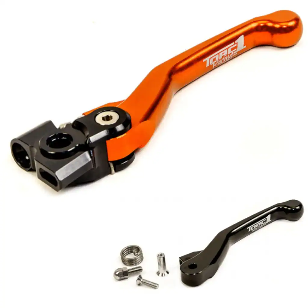 Manete de embreagem Torc1 Vengeance Flex para motos off-road KTM, na cor laranja, usinada em alumínio, com manete reserva preta e parafusos inclusos.
