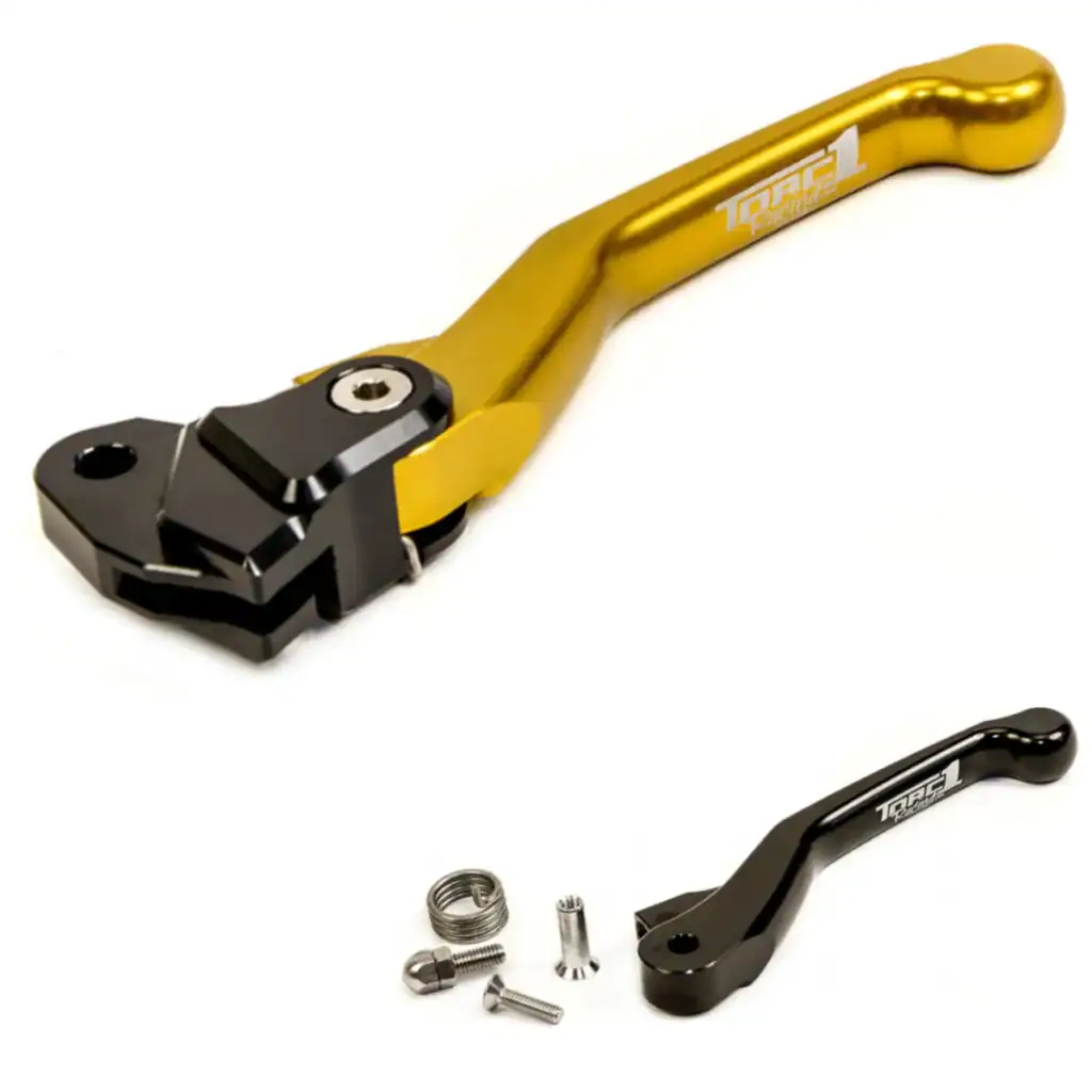 Manete de embreagem Torc1 Vengeance Flex para motos off-road Suzuki, na cor amarela, usinada em alumínio, com manete reserva preta e parafusos inclusos.