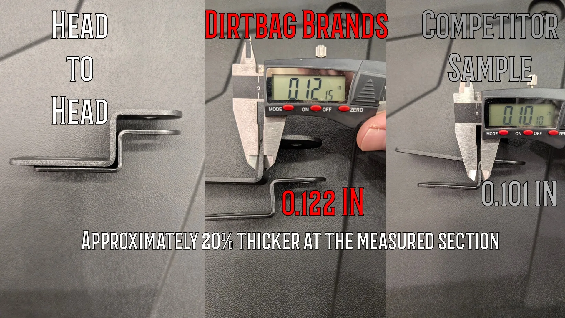comparison picture of Dirtbag Brands pod light mount bracket versus a competitor