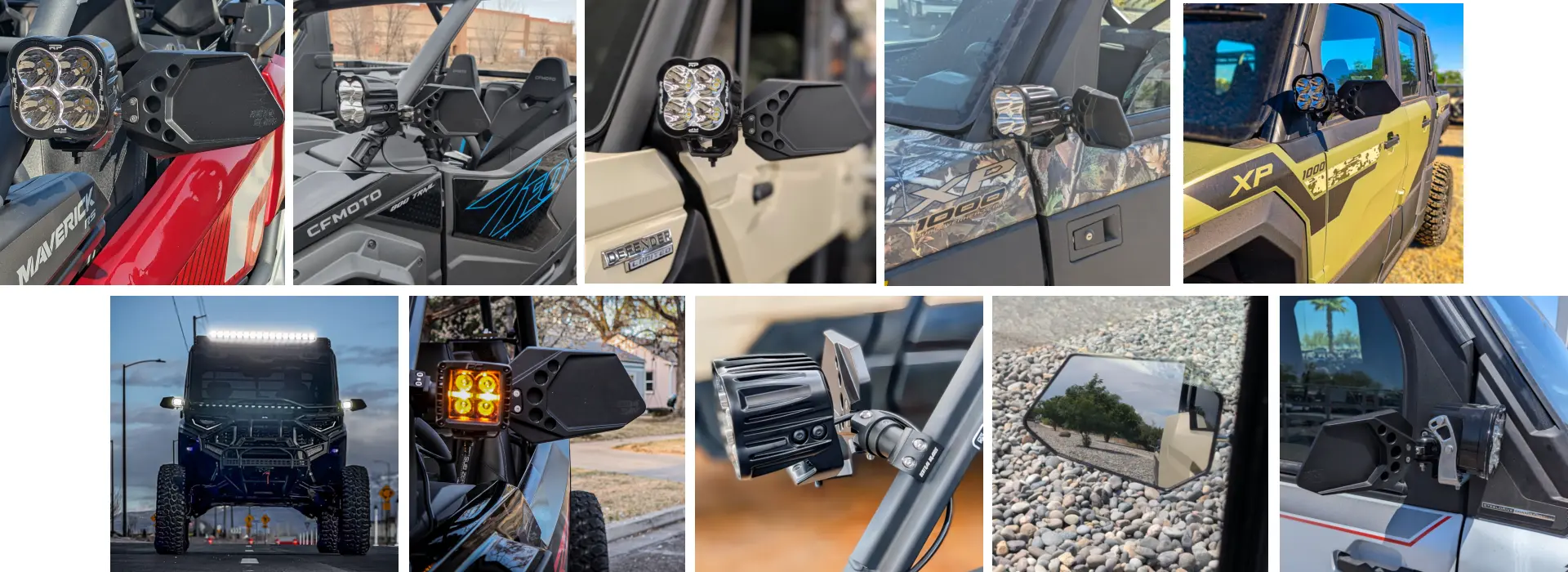 Dirtbag Brands UTV mirrors installed on Polaris Ranger xp 1000 / XD 1500, RZR, Can-Am Defender, Maverick and CFMOTO side-by-sides